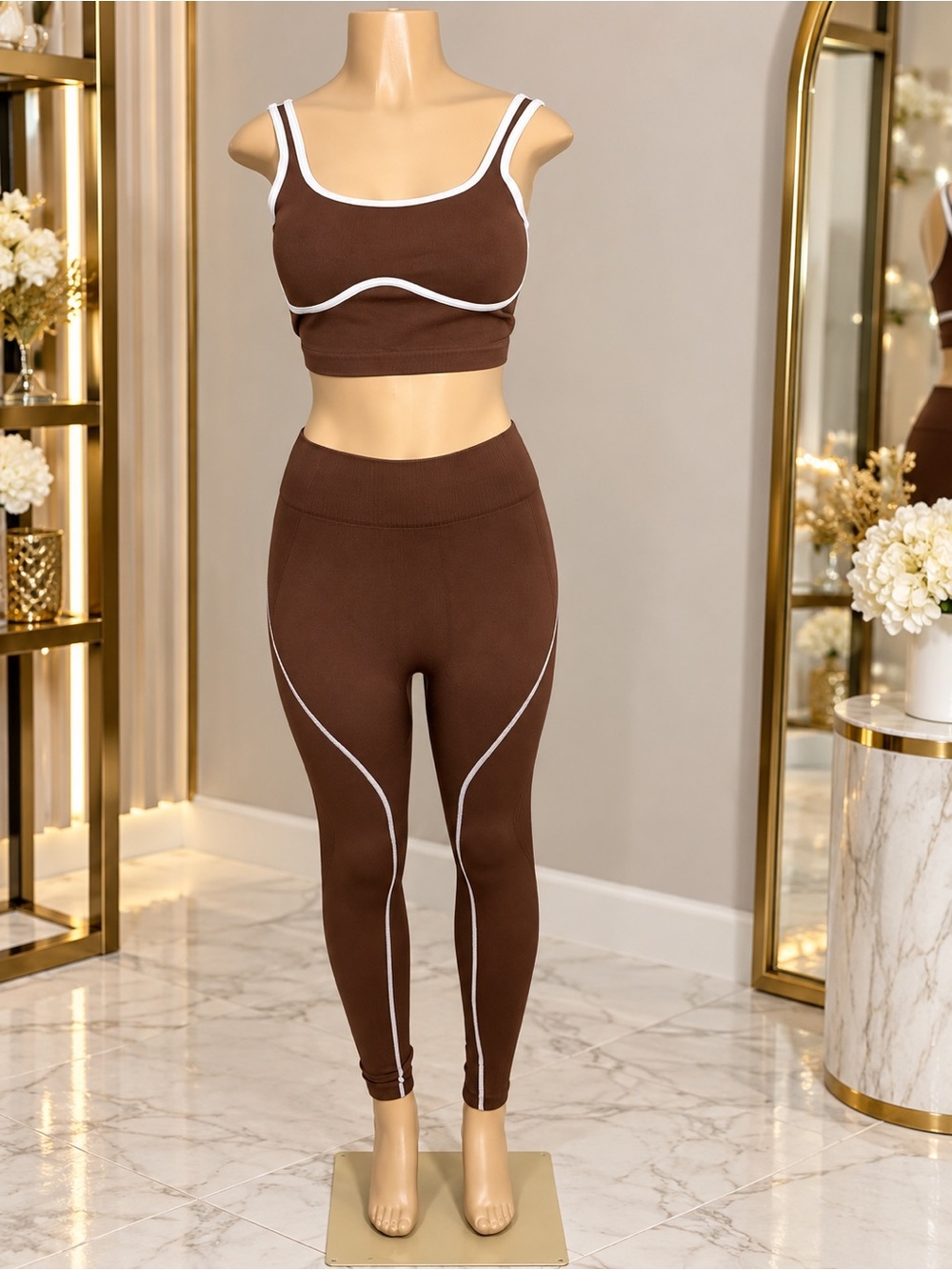 Seamless Brown Athletic Leggings & Crop Tank Set